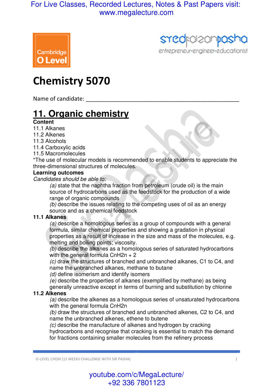 Page 1 of Organic Chemistry By Sir Pasha O Level 1