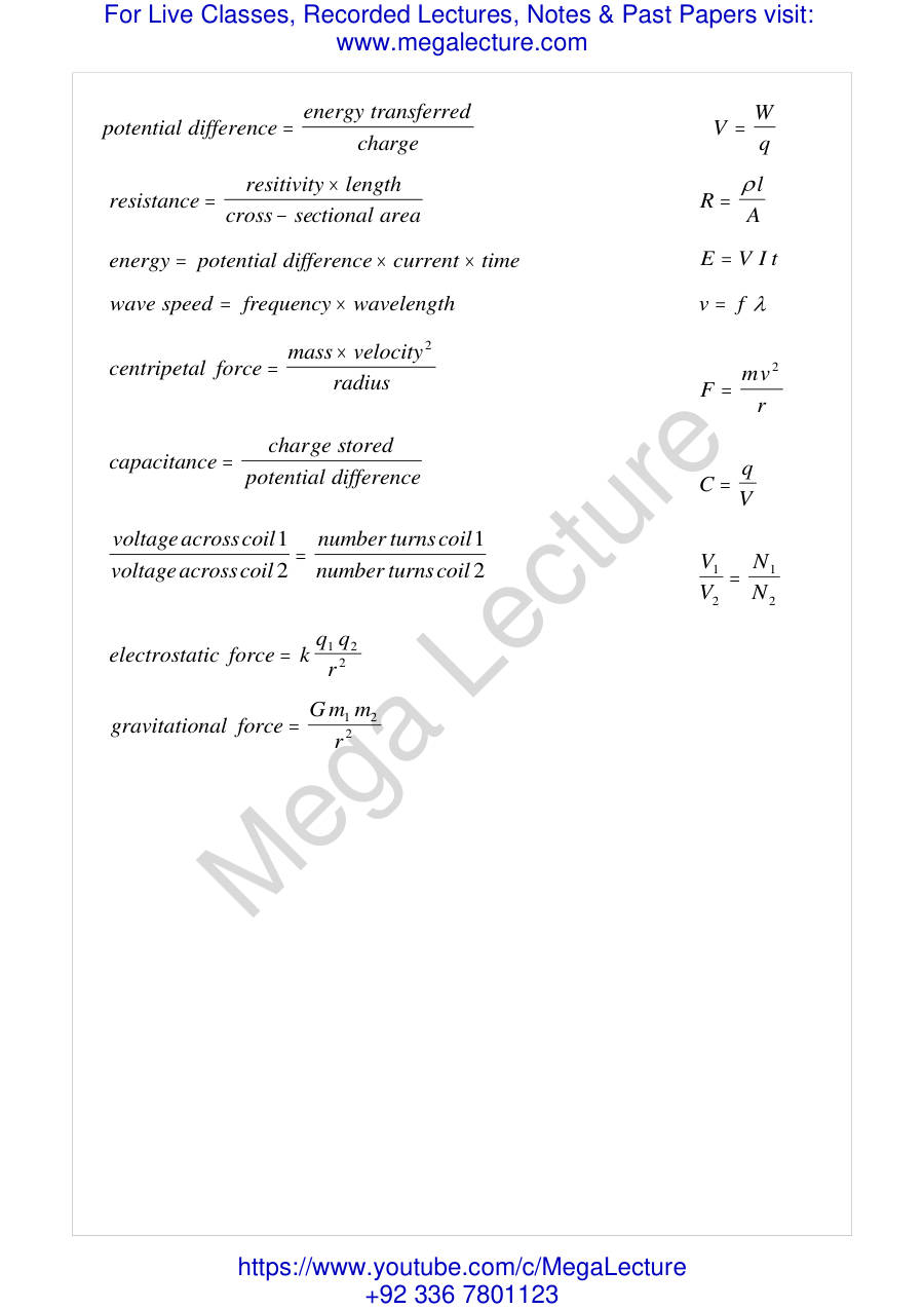 Page 2 of A Level Physics Formulae Sheet 1