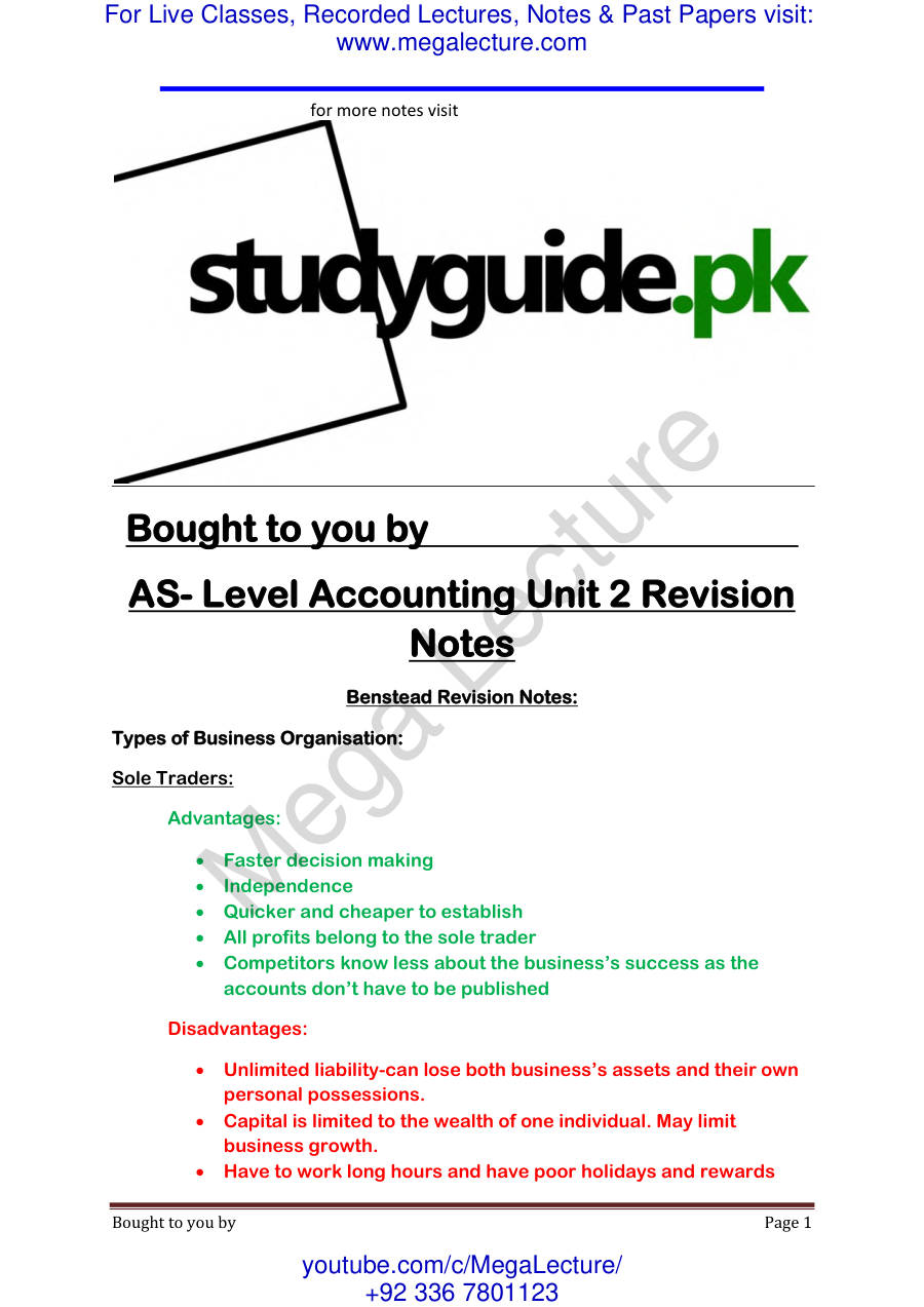 Page 1 of AS Accounting Unit 2 Revision (PDF)