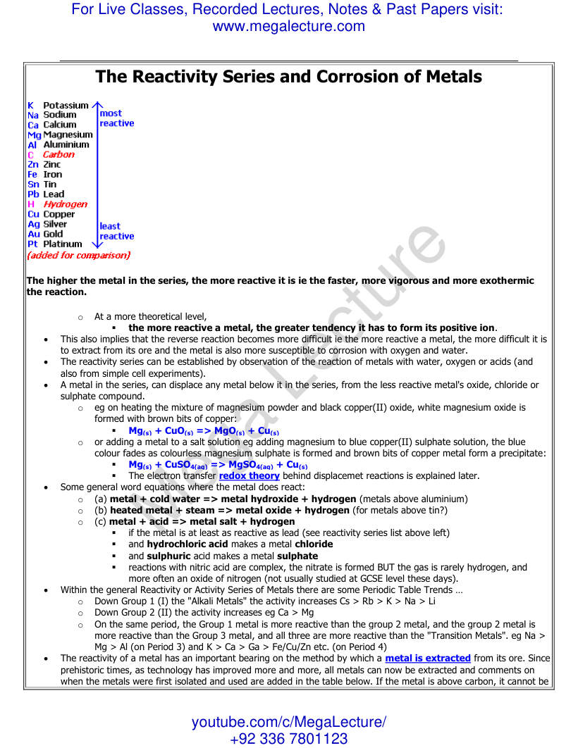 Page 1 of Reactivity Series & Corrosion of Metals