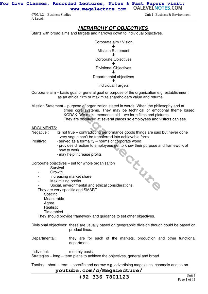 Page 1 of Unit 1 HIERARCHY OF OBJECTIVES