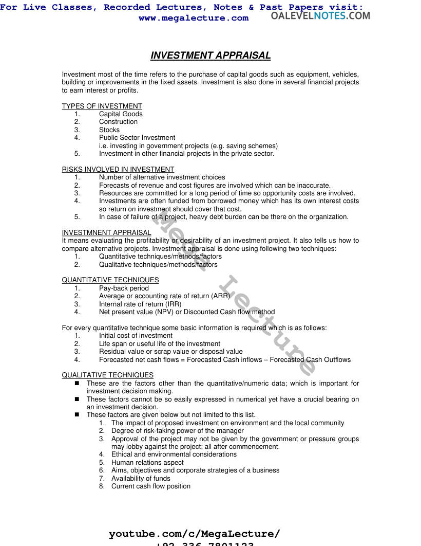Page 1 of INVESTMENT APPRAISAL