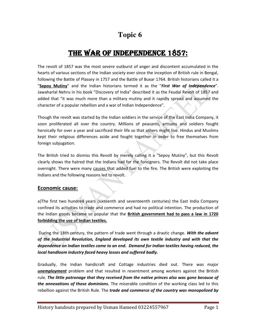 Page 1 of 6. The War Of Independence 1857