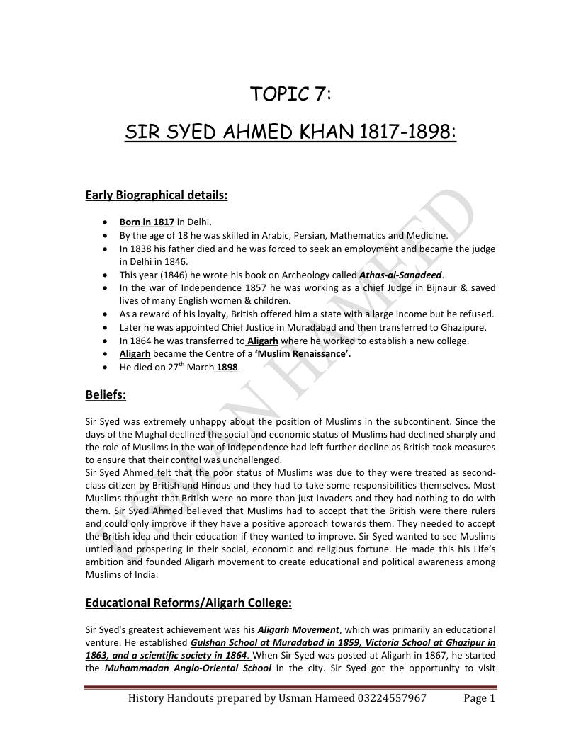 Page 1 of 7. Sir Syed Ahmed Khan 1817 1898