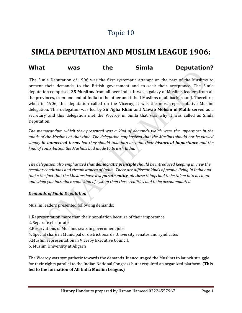 Page 1 of 10. Simla Deputation And Muslim League 1906