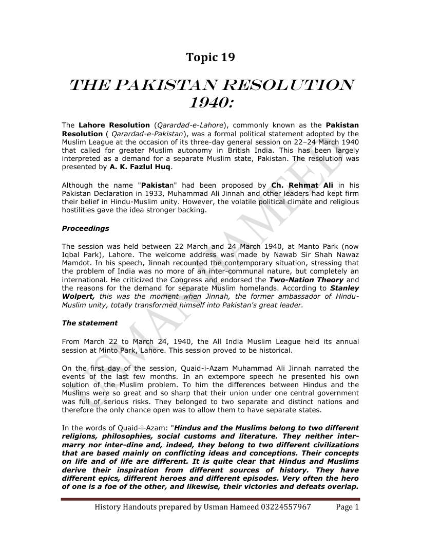 Page 1 of 19. The Pakistan Resolution 1940