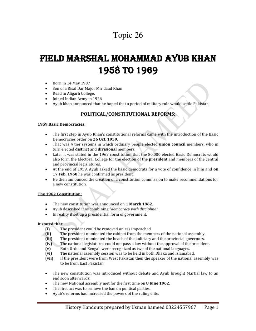 Page 1 of 26. Field Marshal Mohammad Ayub Khan 1958 To 1969