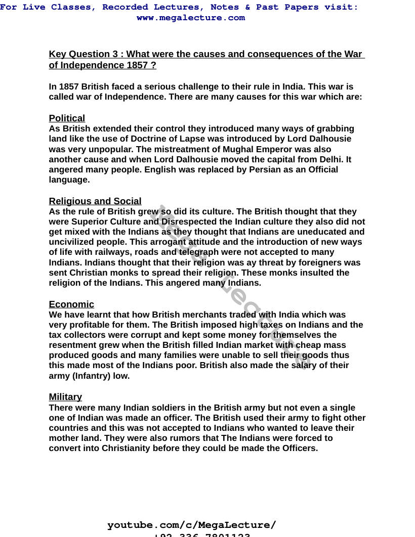 Page 1 of Key Question 3: War Of Independence 1857