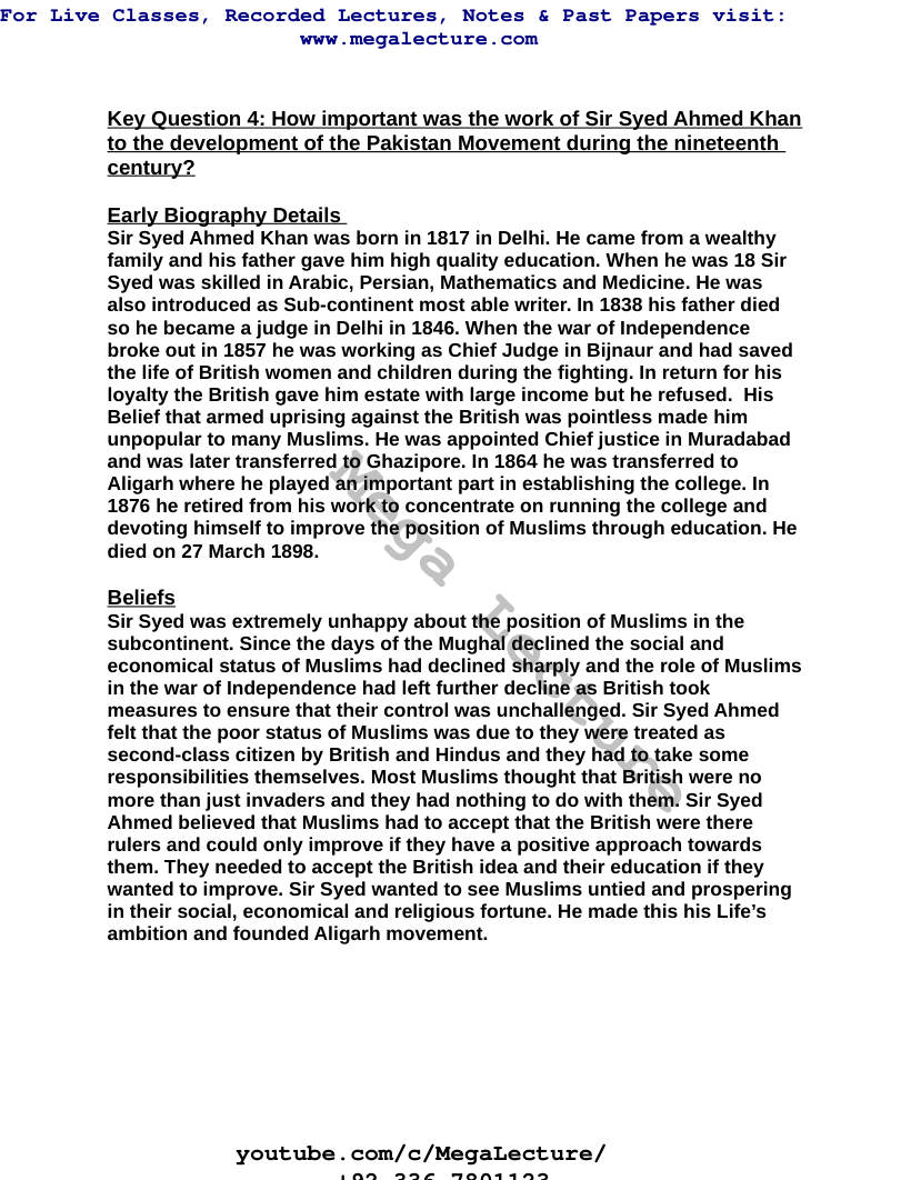 Page 1 of Key Question 4: Sir Syed Ahmed Khan