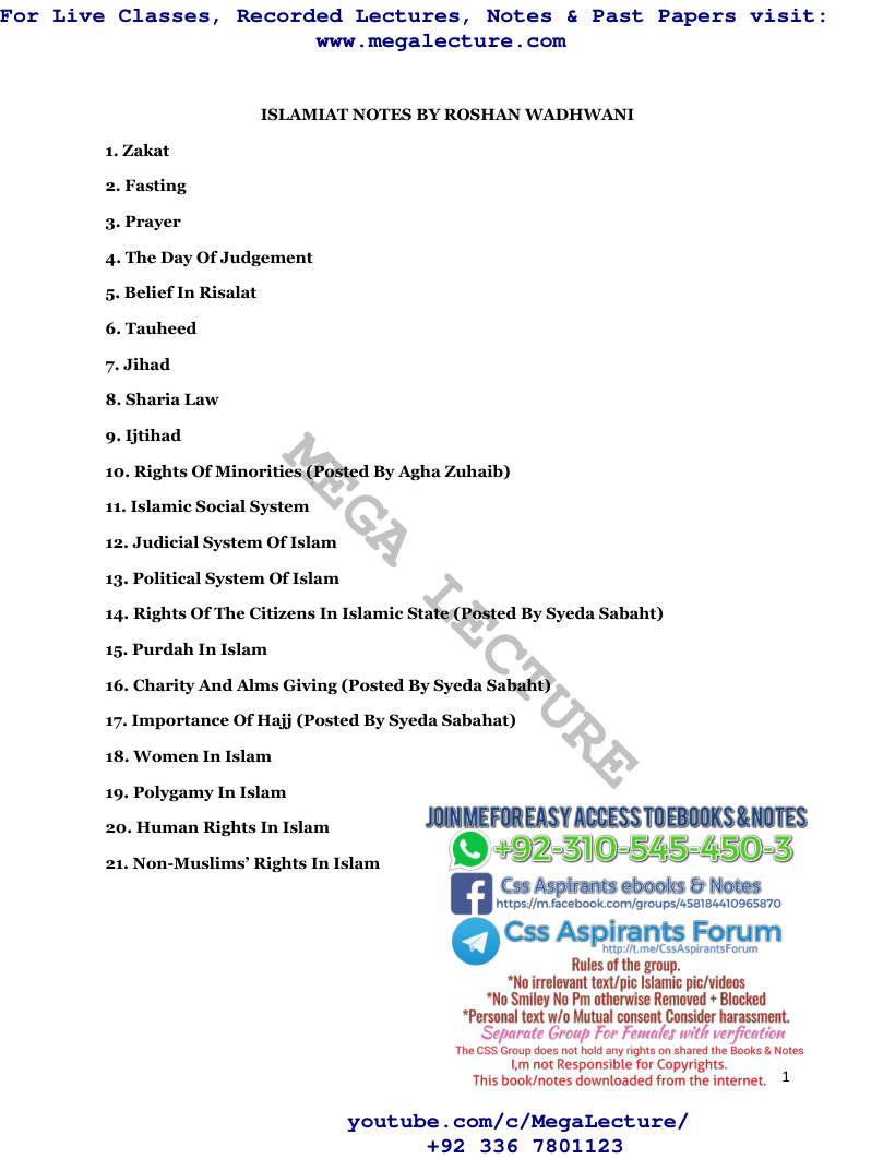 Page 1 of Islamiat Notes By Roshan Wadwani