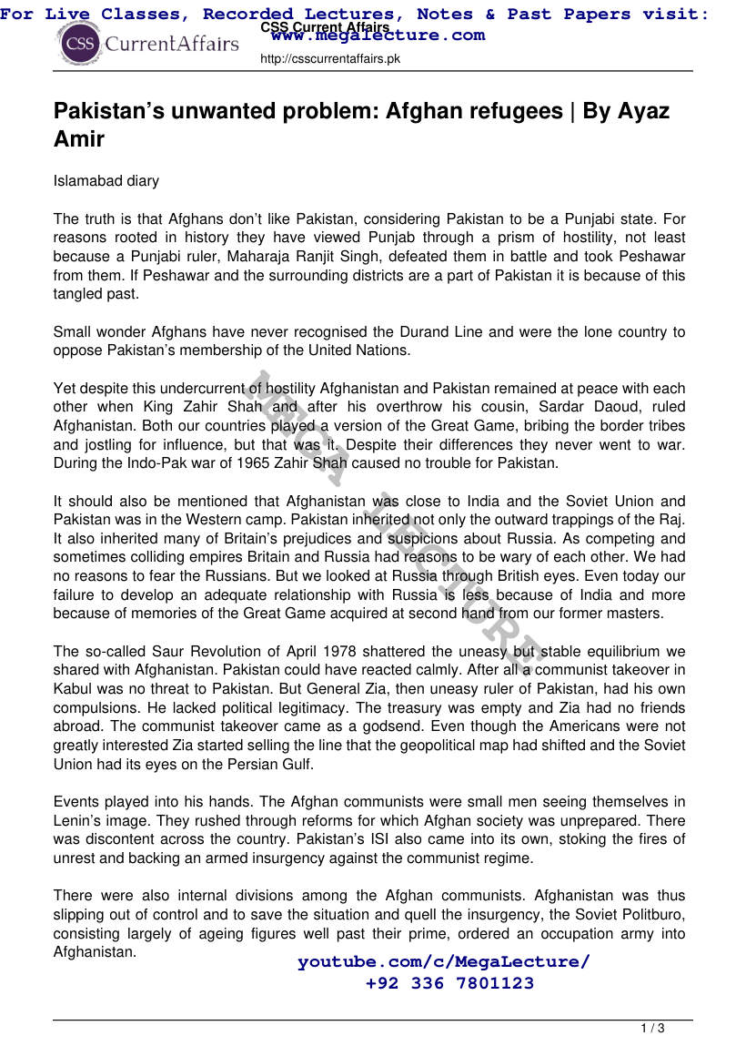 Page 1 of Pakistans Unwanted Problem Afghan Refugees By Ayaz Amir