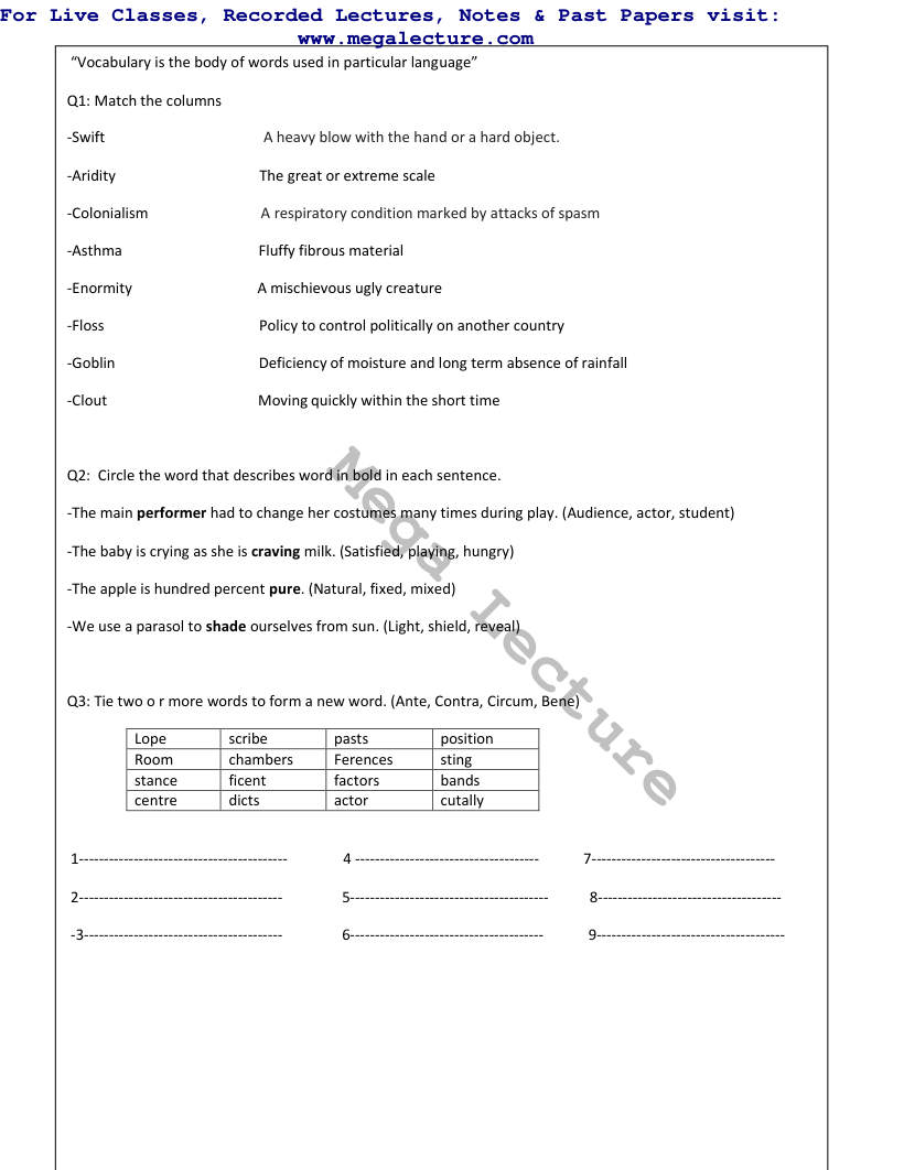 Page 1 of Vocabulary Test