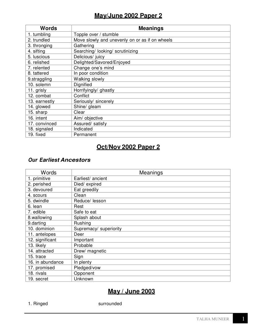 Page 1 of English 1123 Words Paper 2