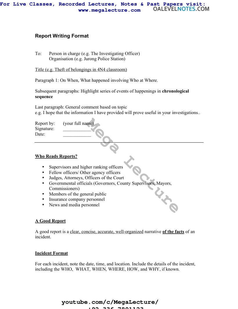 Page 1 of Report Writing Details