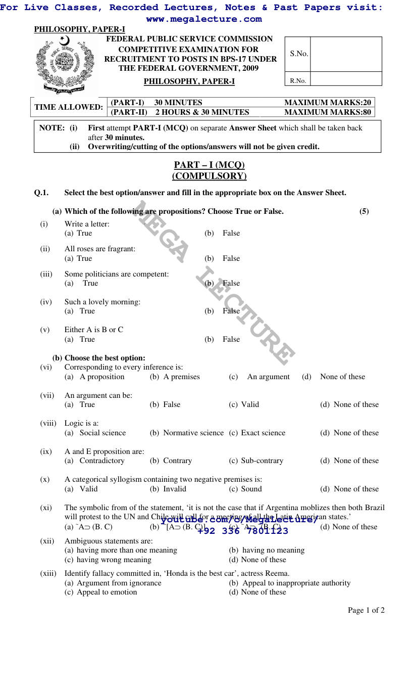 Page 1 of Philosophy I II 2009
