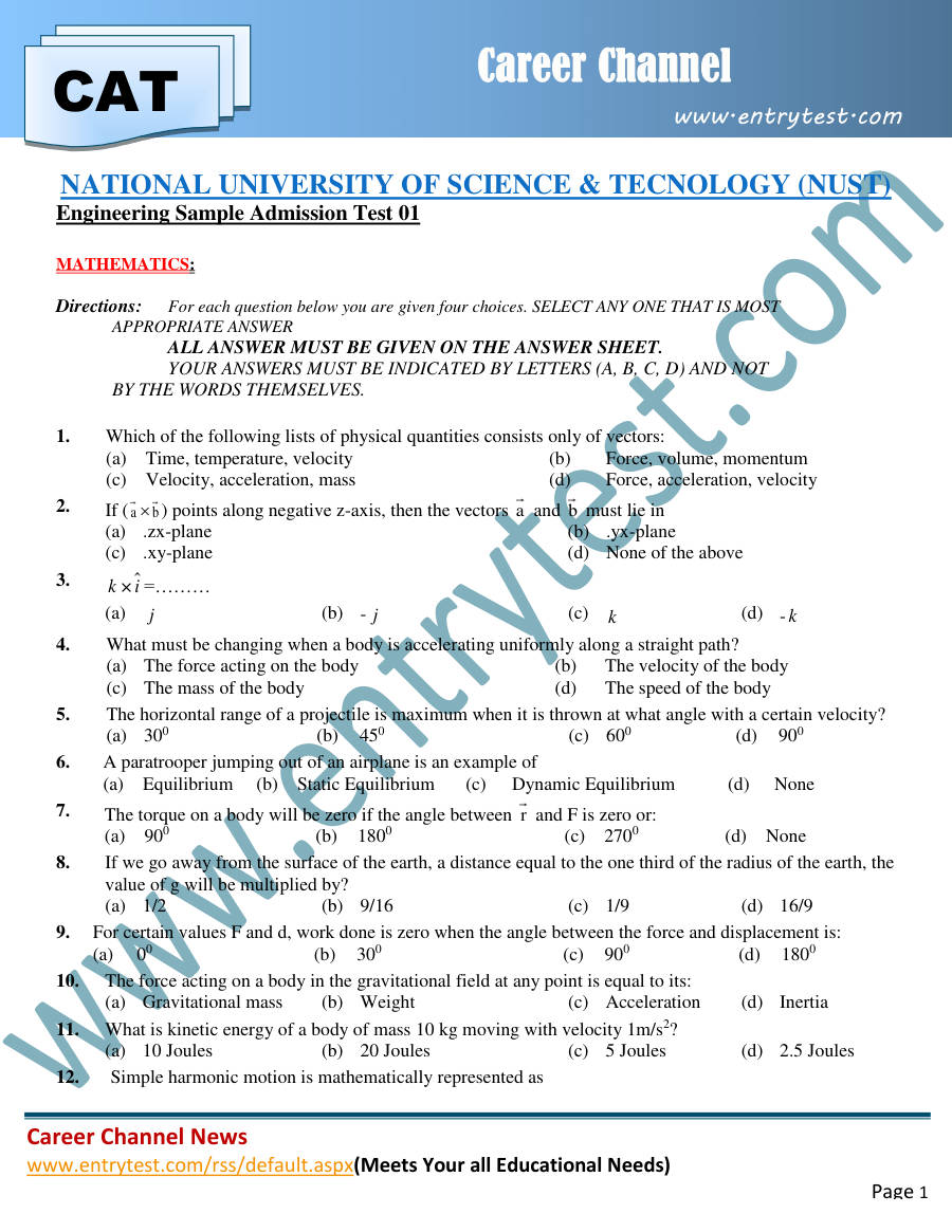 Page 1 of NUST Engineering Sample Paper 01