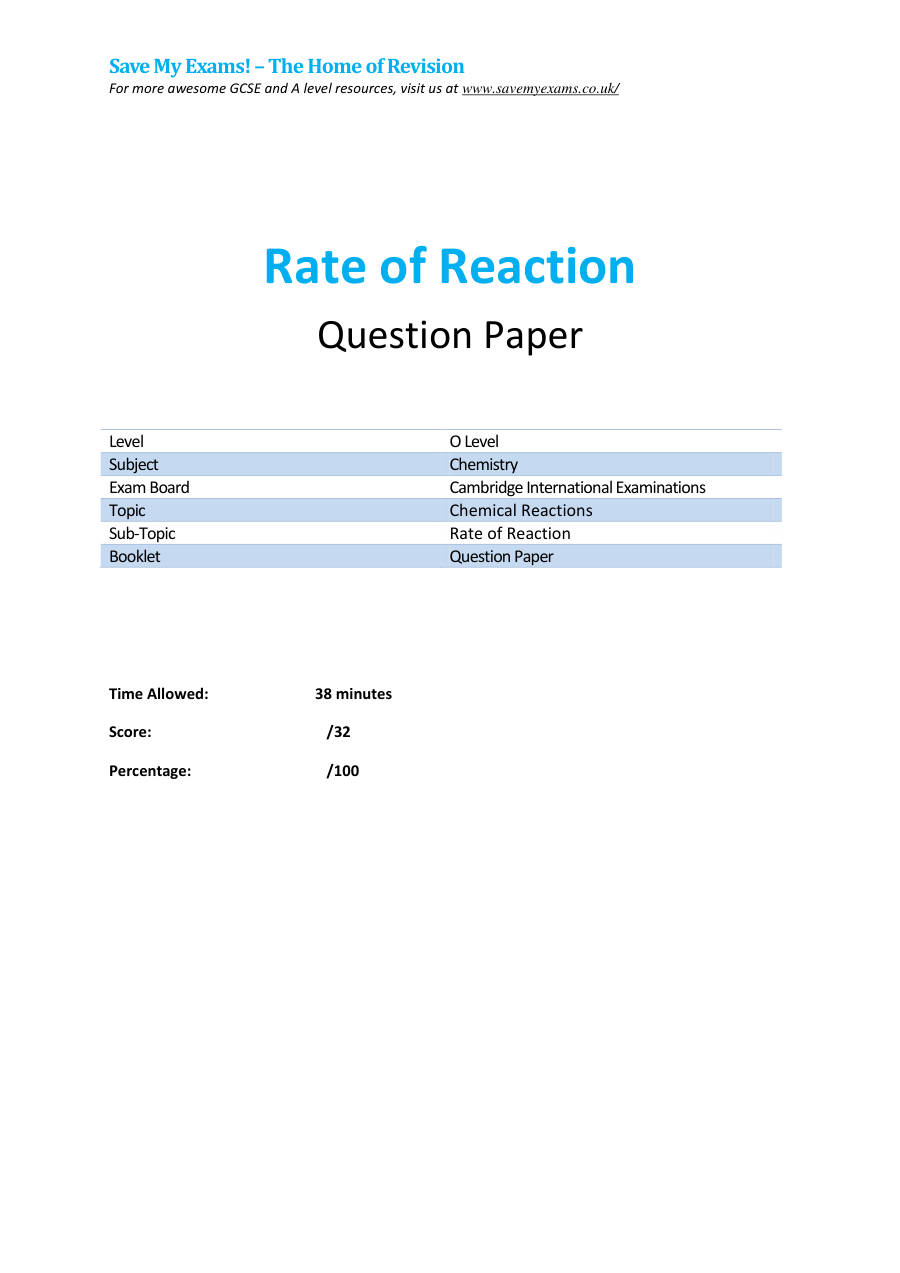 Page 1 of Rate Of Reaction — Questions