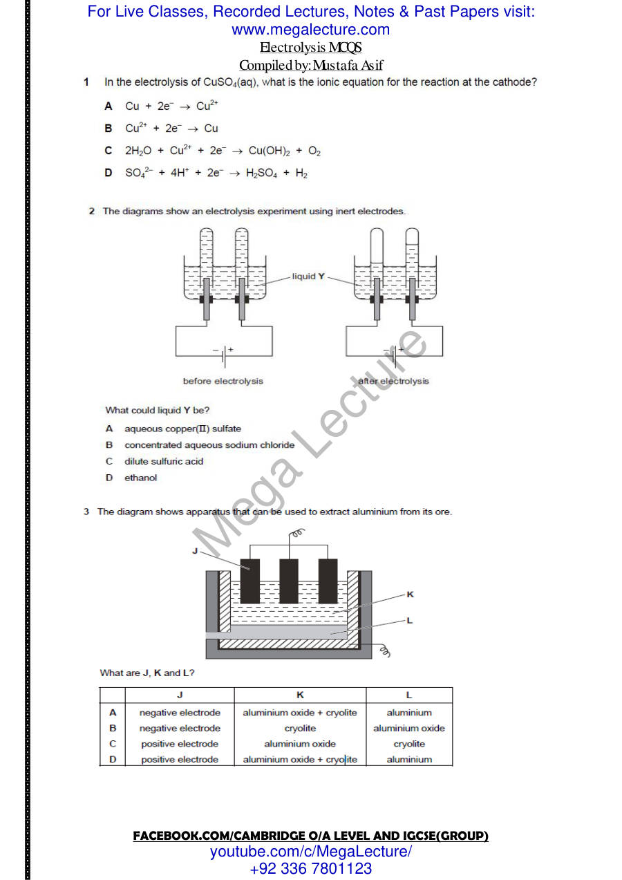 Page 1 of Electrolysis P1 — MCQs