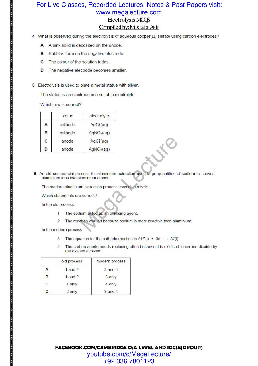 Page 2 of Electrolysis P1 — MCQs