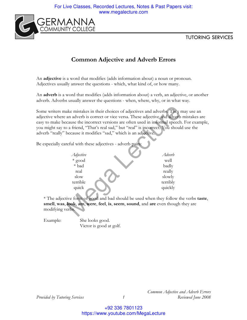 Page 1 of Common Adjective And Adverb Errors
