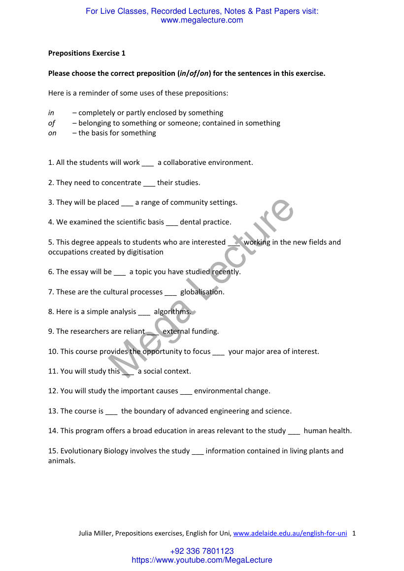 Page 1 of Prepositions Exercises English For Uni