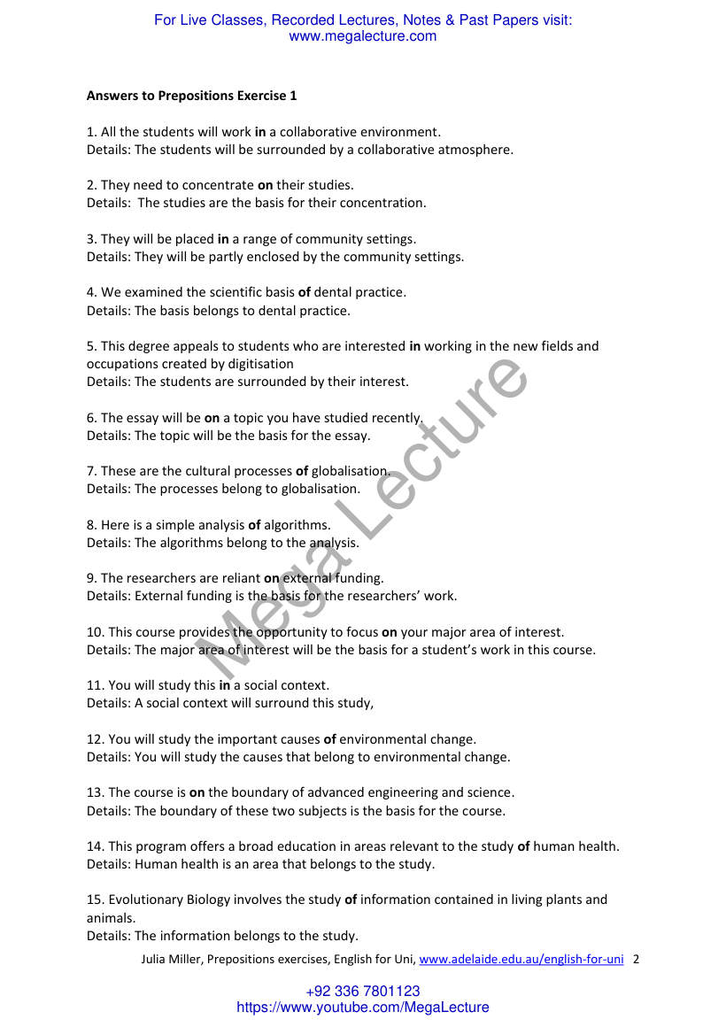 Page 2 of Prepositions Exercises English For Uni