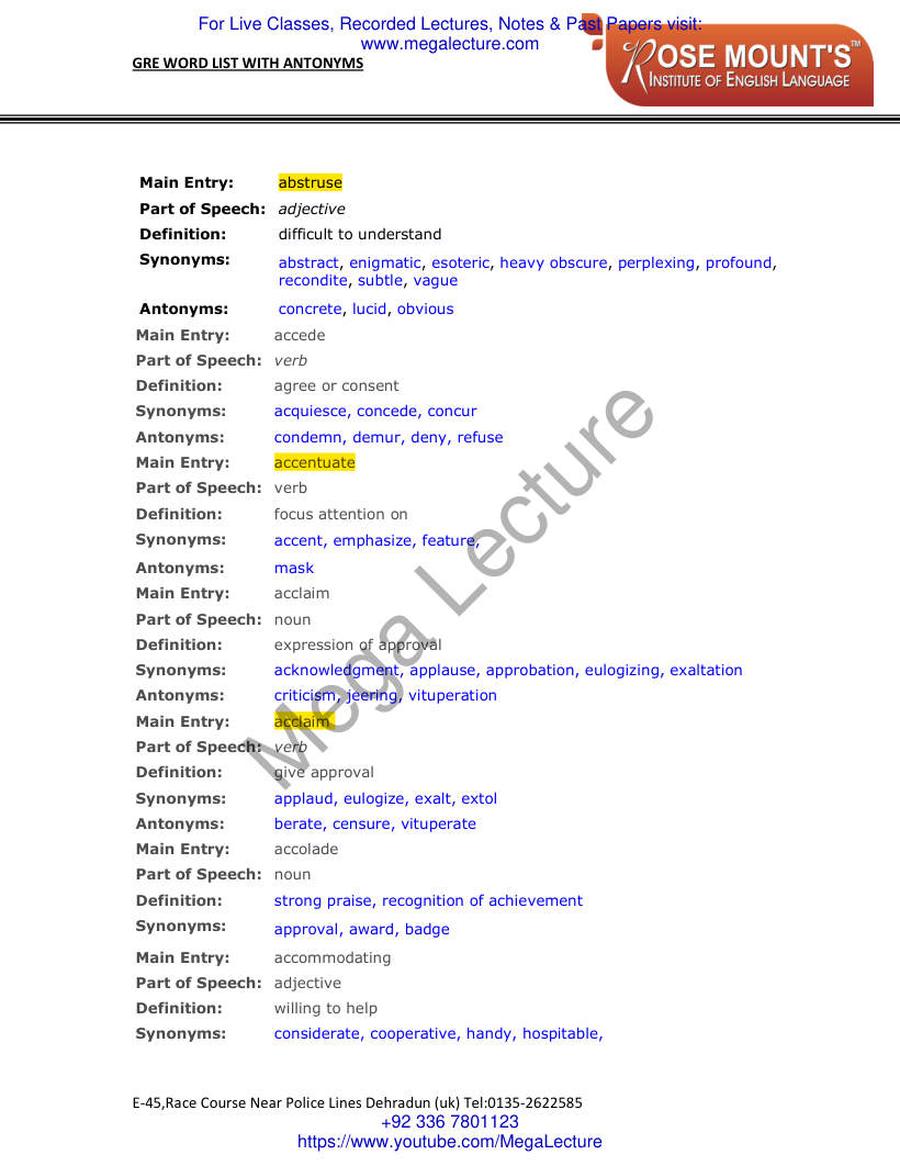 Page 1 of GRE Word List With Synonyms And Antonyms