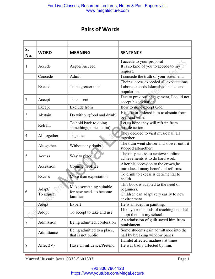 Page 1 of Pairs Of Words 1