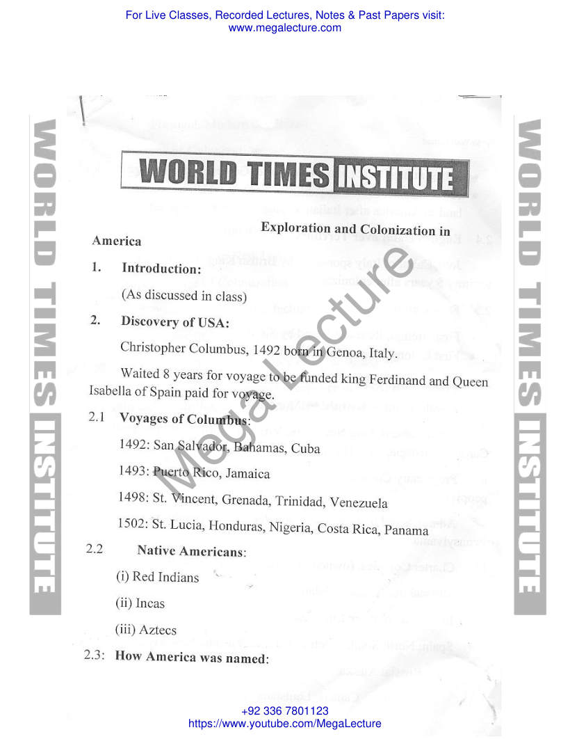 Page 1 of Lecture 1 US History Sir Yasir Farhad