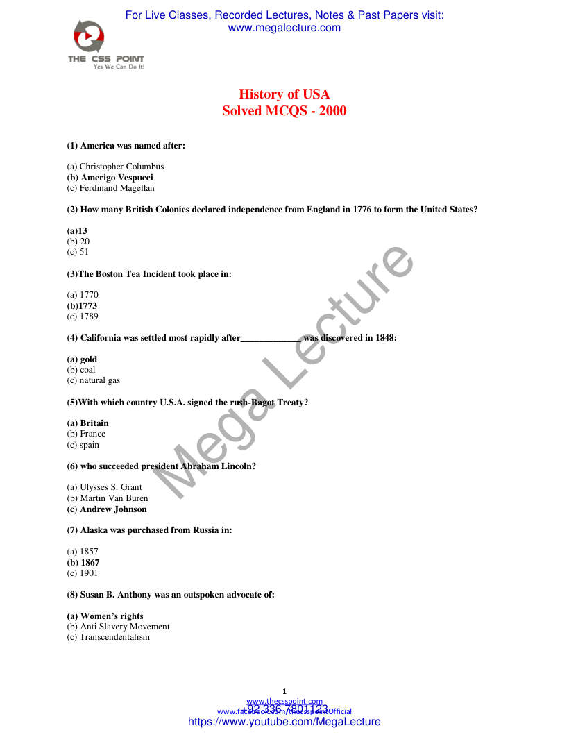 Page 1 of USA History Solved MCQs 2000 To 2011 1