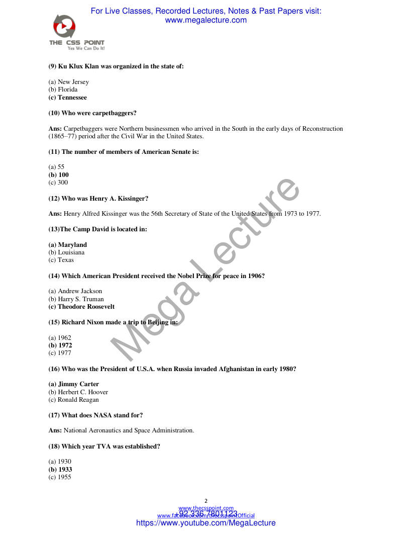 Page 2 of USA History Solved MCQs 2000 To 2011 1