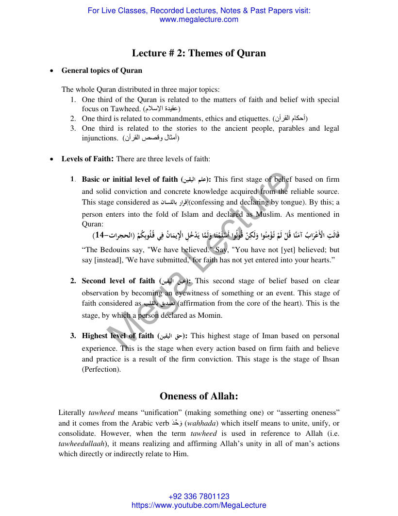 Page 1 of 2. Themes Of Quran Discussion Of Faith