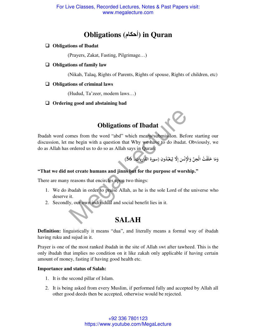 Page 1 of 3. Themes Of Quran Obligation Of Ibadat