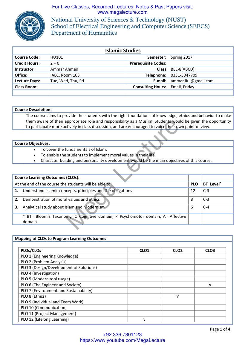 Page 1 of Islamic Studies Course Outline