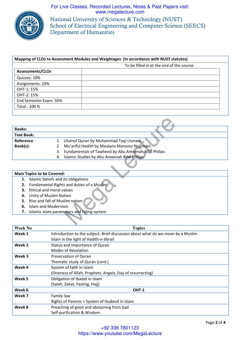 Page 2 of Islamic Studies Course Outline