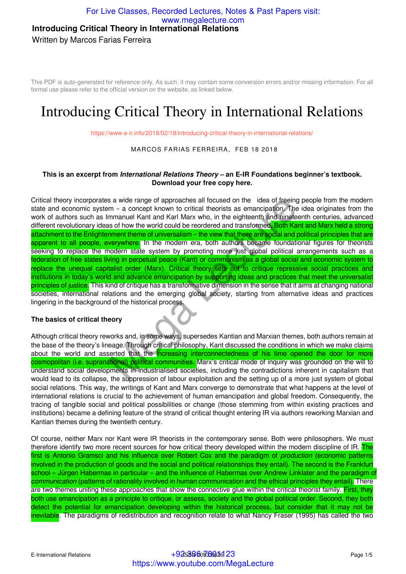Page 1 of Introducing Critical Theory In International Relations