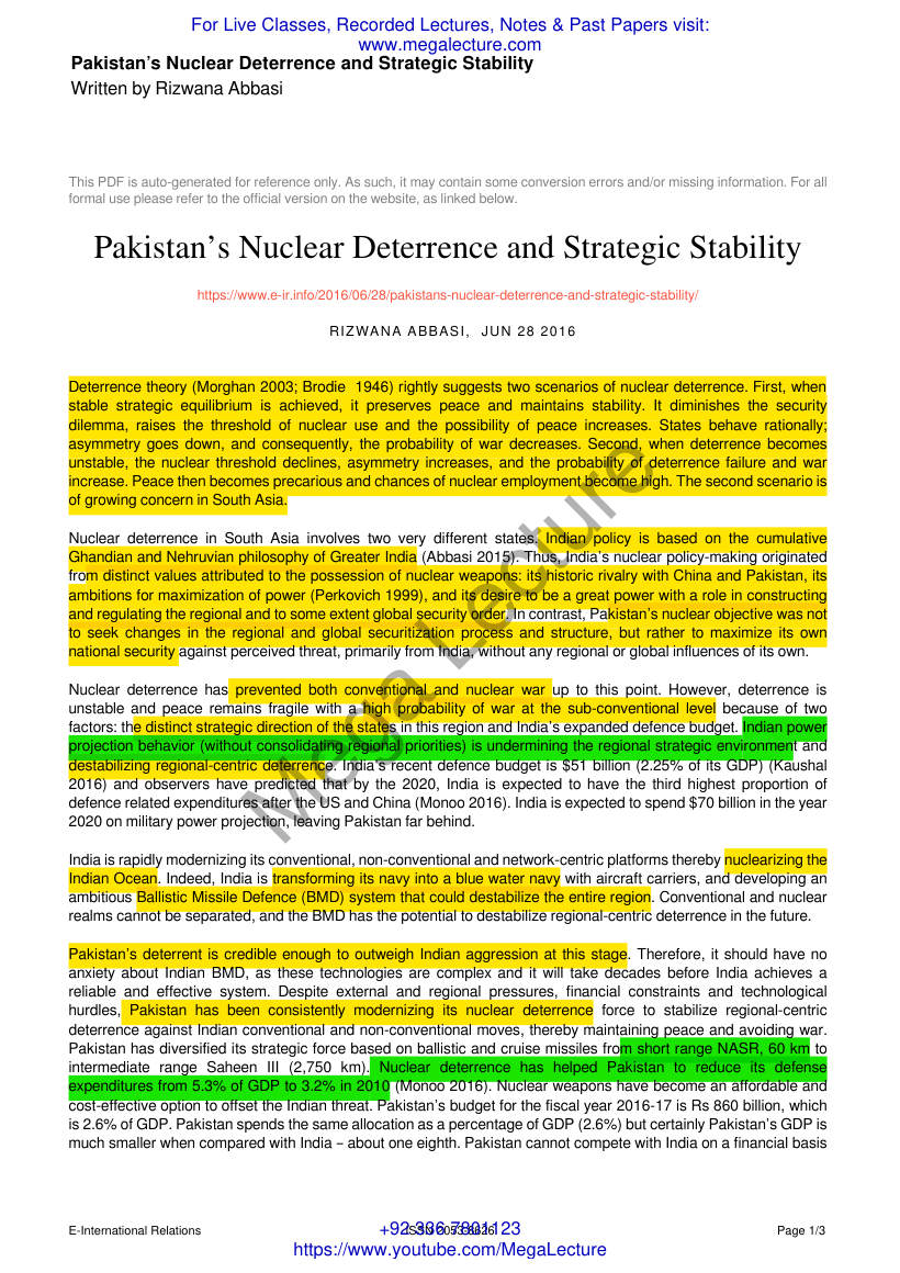 Page 1 of Pakistans Nuclear Deterrence And Strategic Stability