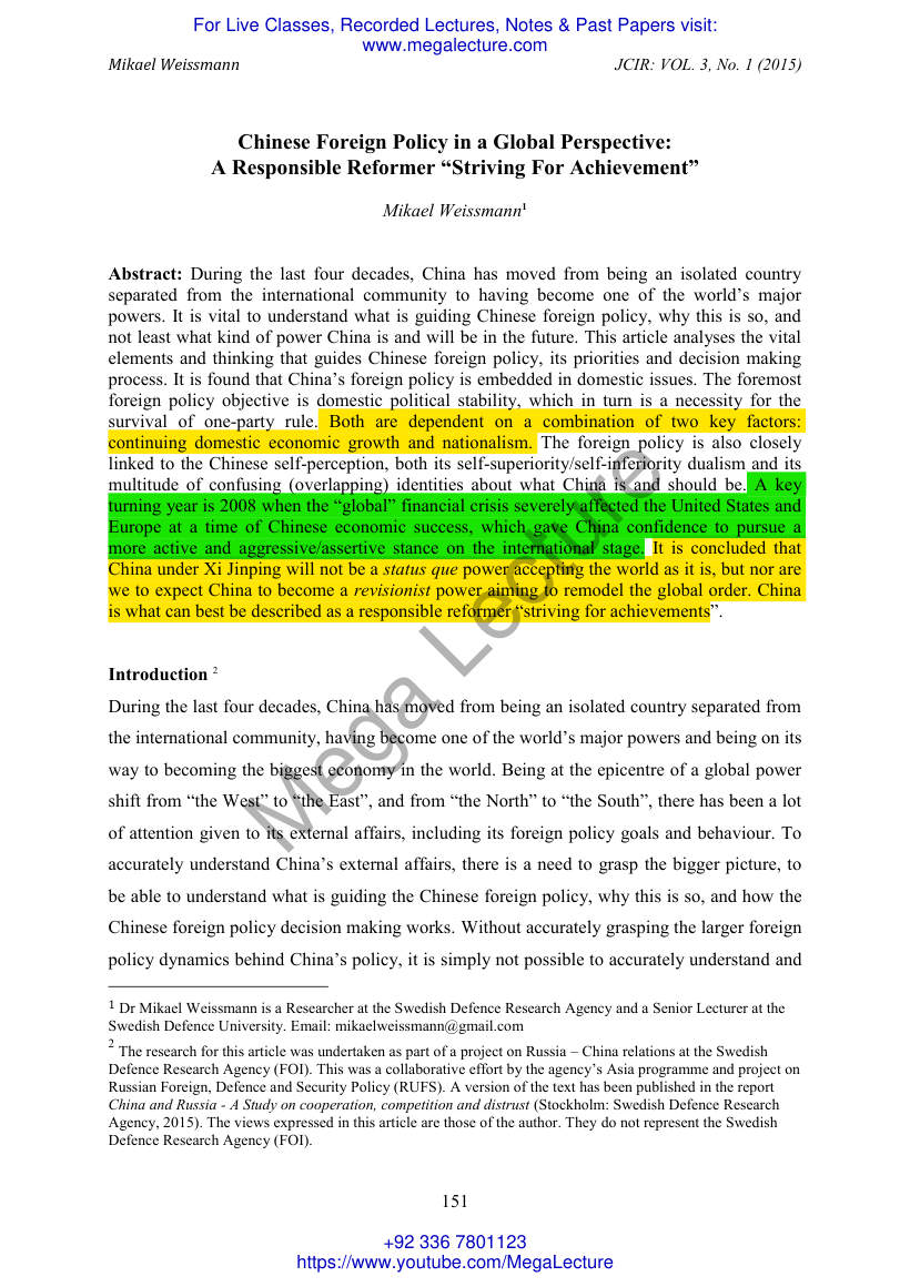 Page 1 of Chinese Foreign Policy In A Global Perspective A Responsible Reformer Striving For Achievement