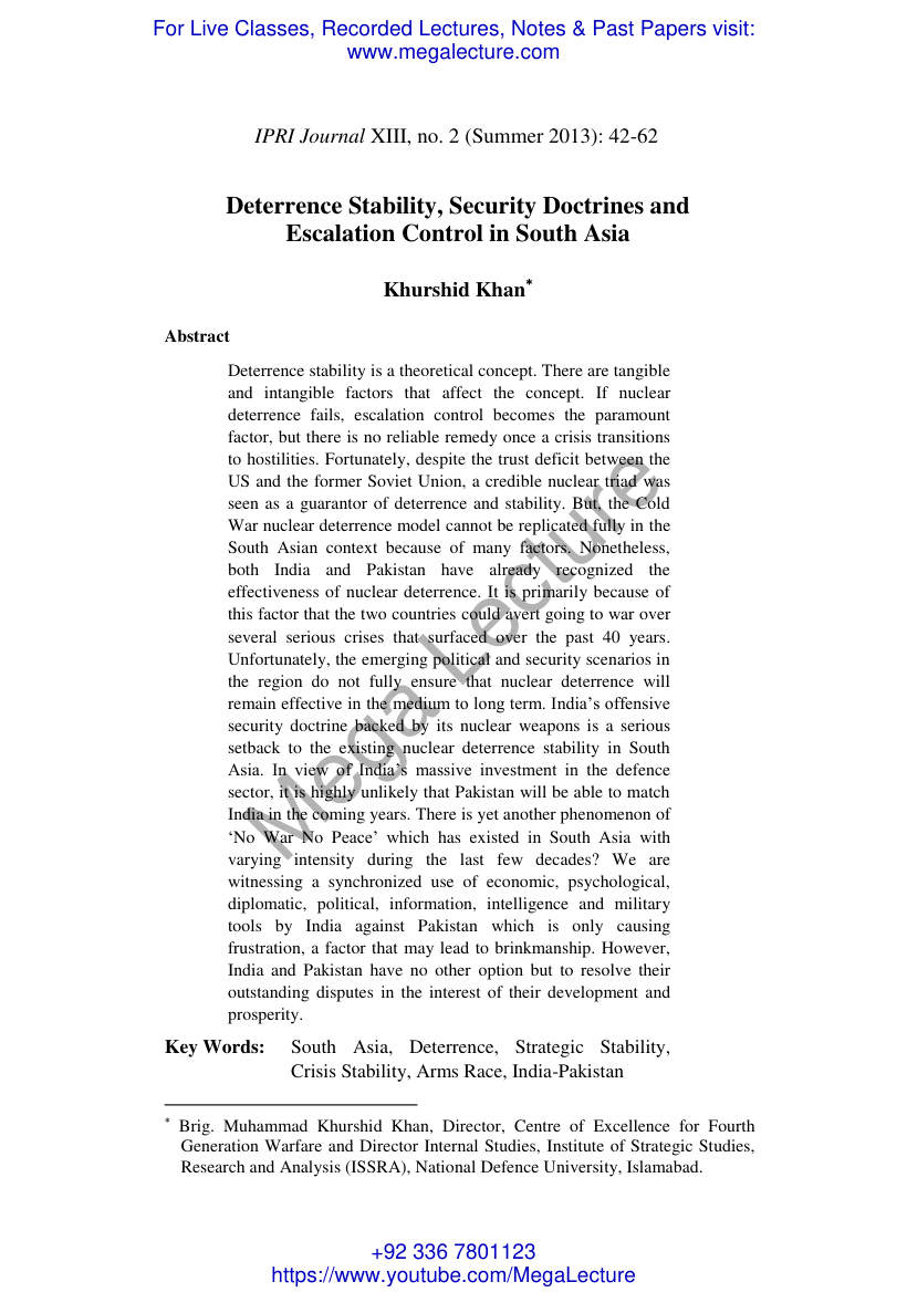 Page 1 of Deterrence Stability Security Doctrines And. Escalation Control In South Asia