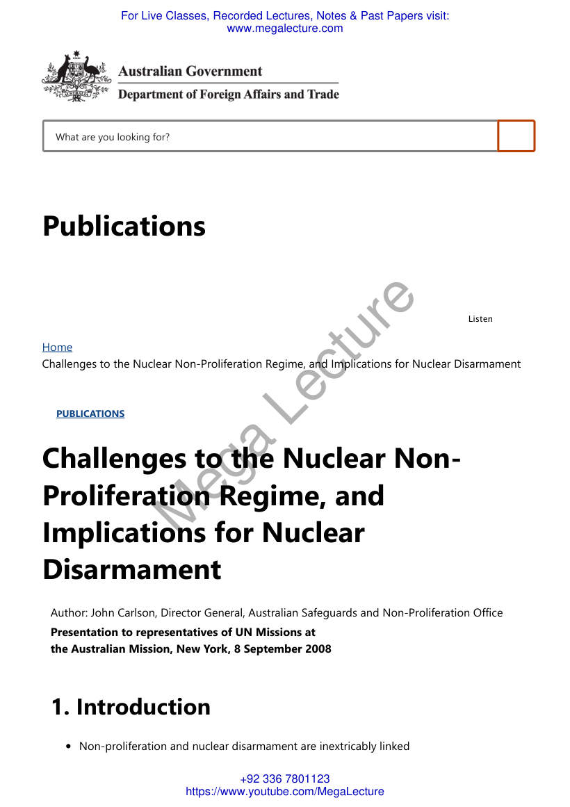 Page 1 of Challenges To The Nuclear Non Proliferation Regime And Implications For Nuclear Disarmament DFAT