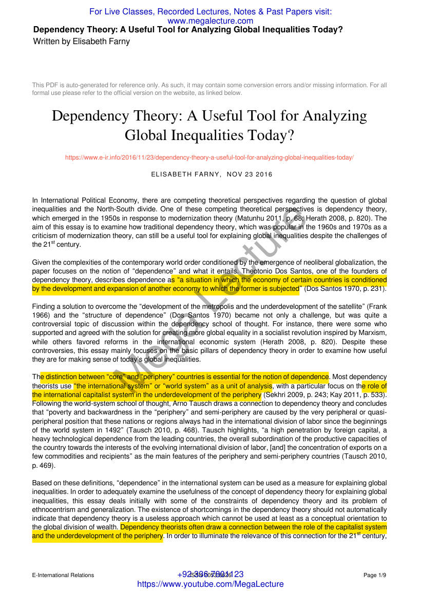 Page 1 of Dependency Theory A Useful Tool For Analyzing Global Inequalities Today