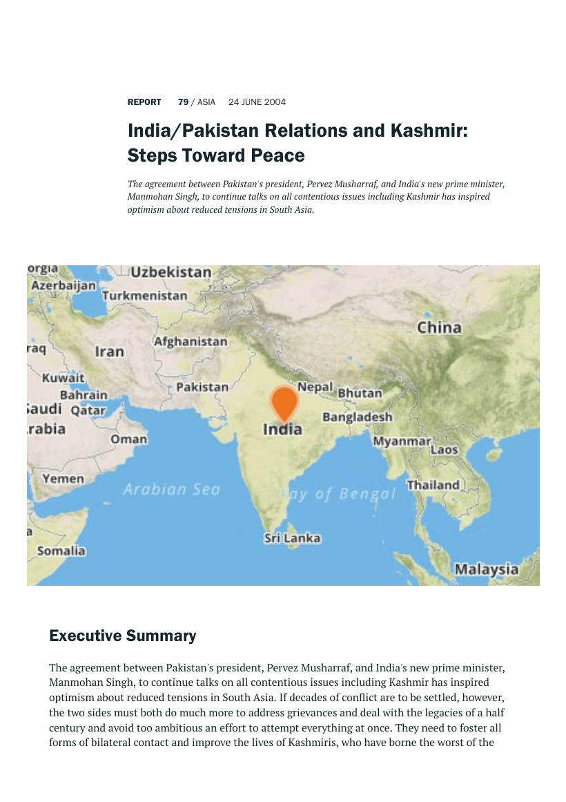 Page 1 of India Pakistan Relations And Kashmir Steps Toward Peace Crisis Group