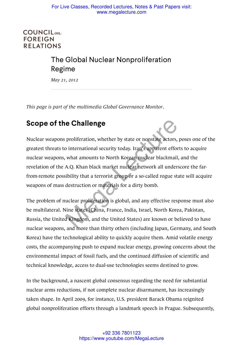 Page 1 of The Global Nuclear Nonproliferation Regime Council On Foreign Relations