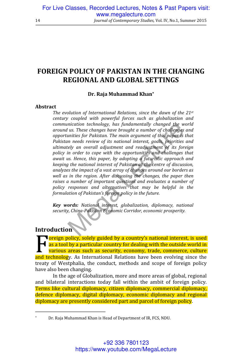 Page 1 of 2. Foreign Policy Of Pakistan