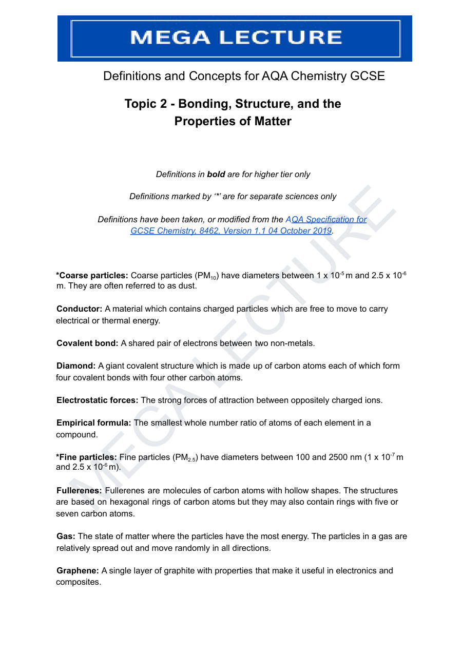 Page 1 of Definitions Topic 2 Bonding Structure And The Properties Of Matter AQA Chemistry GCSE 1