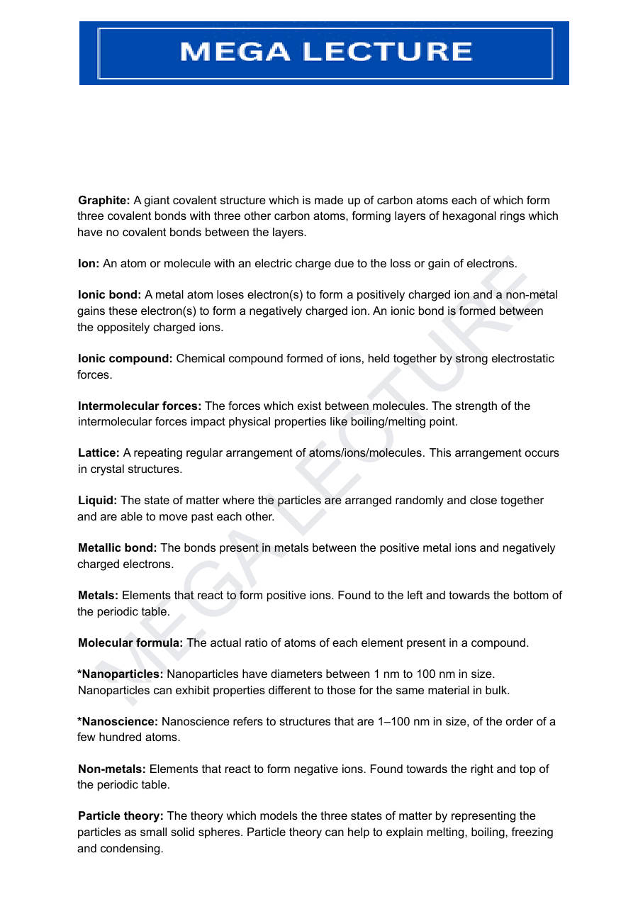 Page 2 of Definitions Topic 2 Bonding Structure And The Properties Of Matter AQA Chemistry GCSE 1