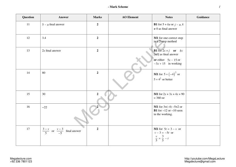 Page 2 of Algebraic Manipulation — Marking scheme