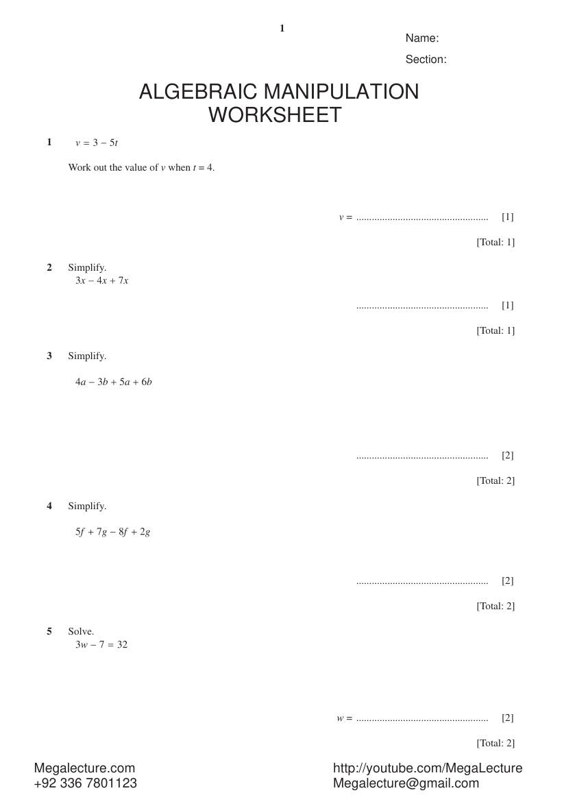 Page 1 of Algebraic Manipulation