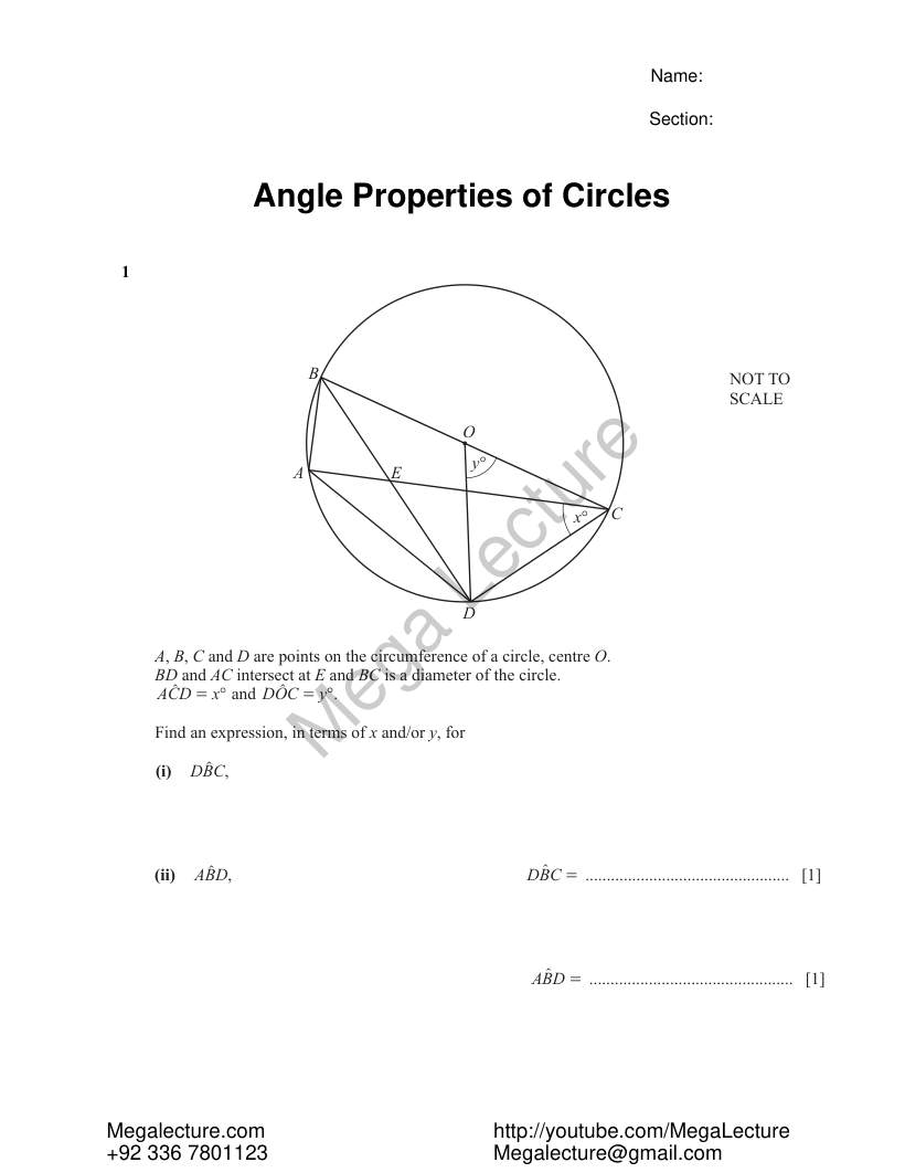 Page 1 of Angle Properties Of Circles — Worksheet