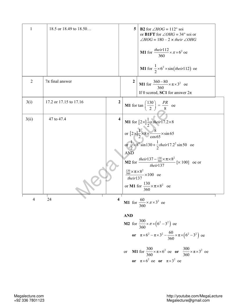 Page 1 of Arc Length And Area Of Sector — Marking scheme